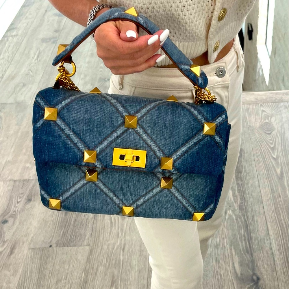 Valentino Garavani Denim Roman Stud Flap Bag Quilted Leather Large